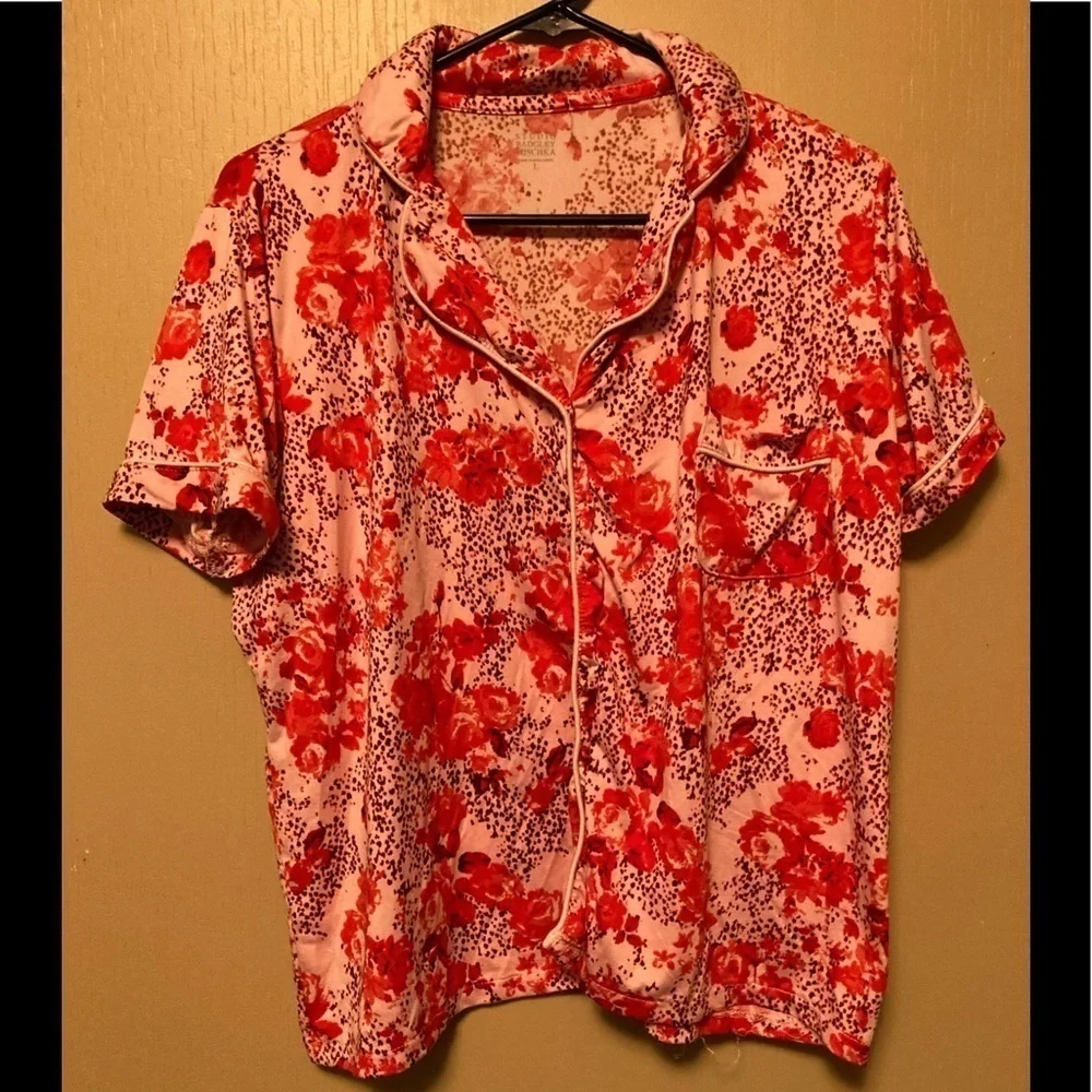 Badgley Mischka Red Large Floral Print Polyester Blend Pajama Top